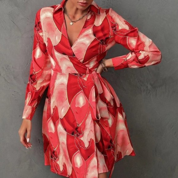 Allover Print Knot Side Wrap Long sleeve Dress red - Picture 5 of 7